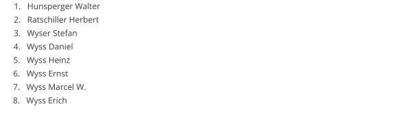 	1.	Hunsperger Walter 	2.	Ratschiller Herbert 	3.	Wyser Stefan 	4.	Wyss Daniel 	5.	Wyss Heinz 	6.	Wyss Ernst 	7.	Wyss Marcel W. 	8.	Wyss Erich